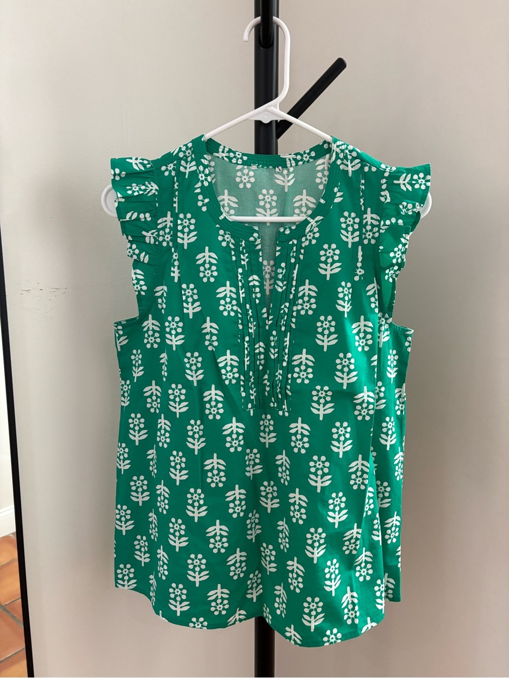 J. Crew Factory Green Floral Ruffle Sleeve Tank